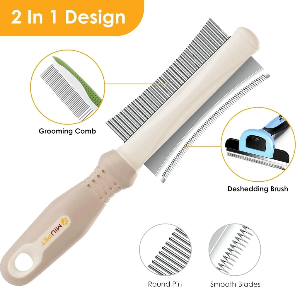 White double-sided dog and cat brush showing grooming comb and deshedding brush sides on a 230mm handle.
