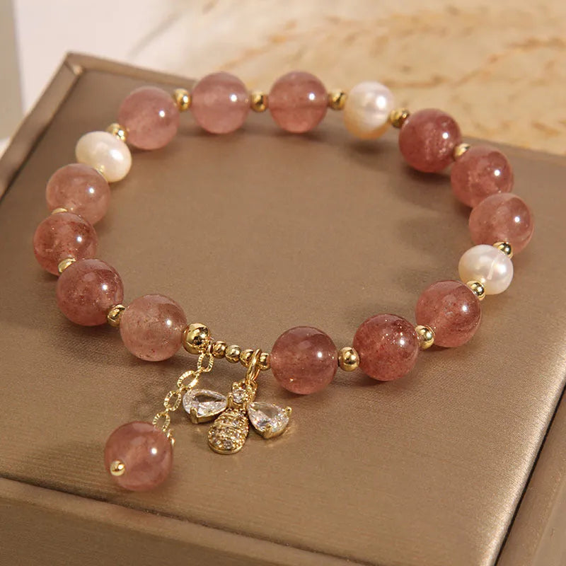 Women's strawberry quartz and freshwater pearl bracelet with zircon details and alloy clasp