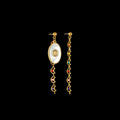 Geometric stainless steel earrings showing eight-avn star, eye, and shell sun designs