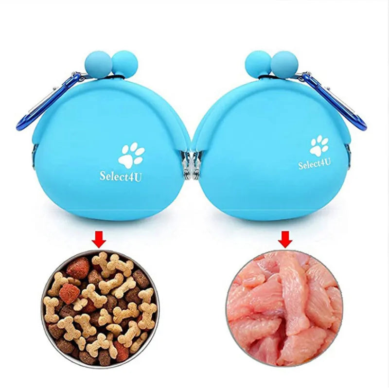 Yellow silicone dog training treat waist bag with hook-and-loop closure, shown with treats.