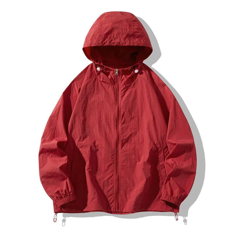 Thin loose fit outdoor sports jacket in various colours on a hanger, showing front and back detail.