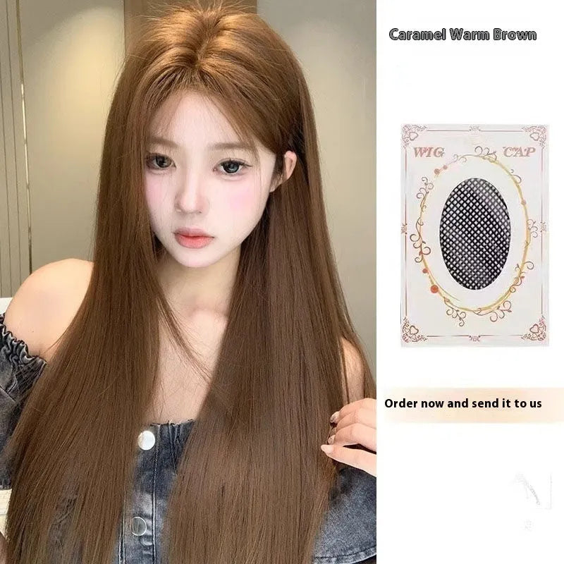 Warm brown lace front wig with centre-parted bangs and long straight hair