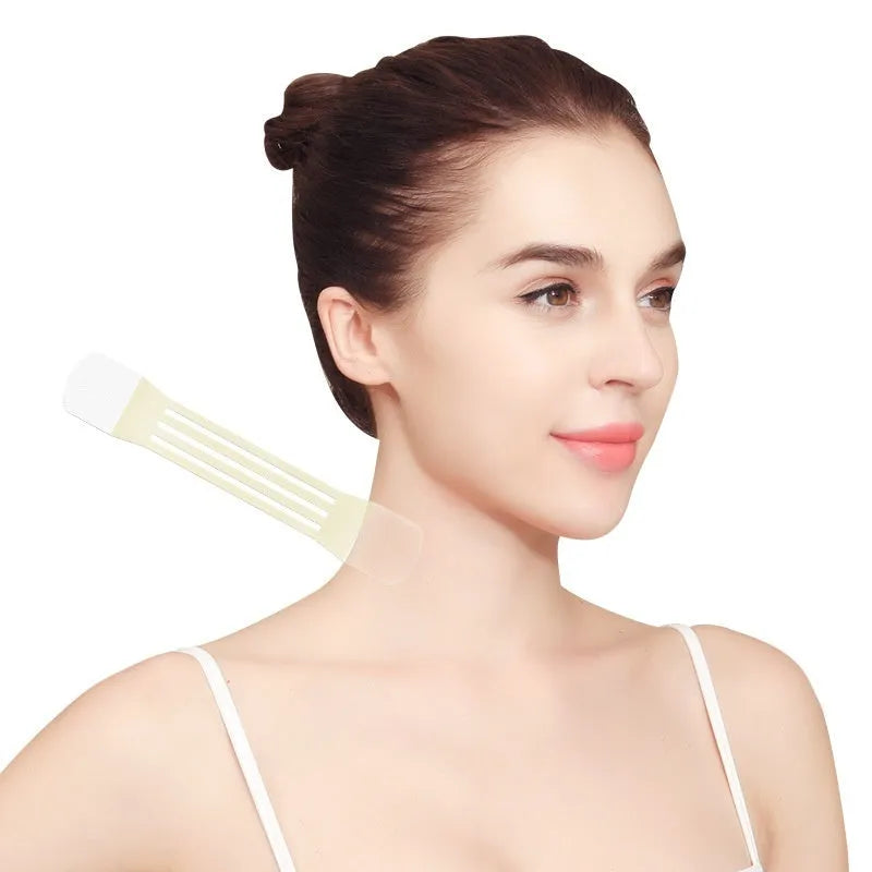 Skin tone neck firming adhesive tape sling with four straps and a pack of twenty patches.