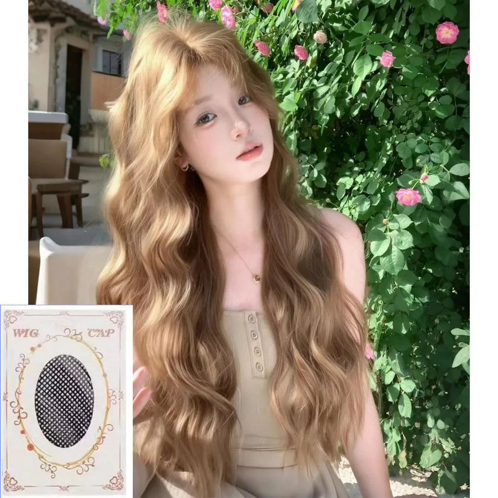 Linen brown medium-length curly synthetic wig on a display stand.