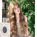 Linen brown medium-length curly synthetic wig on a display stand.