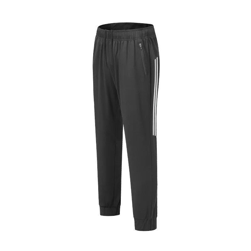 Men's black and navy blue running trousers with mid waist design and polyester fabric