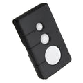Black three-button garage door remote control showing front view with dimensions 80x47x17mm