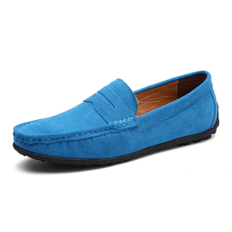 Men's brown suede Gommino casual shoes with round toe and flat rubber sole on a white background