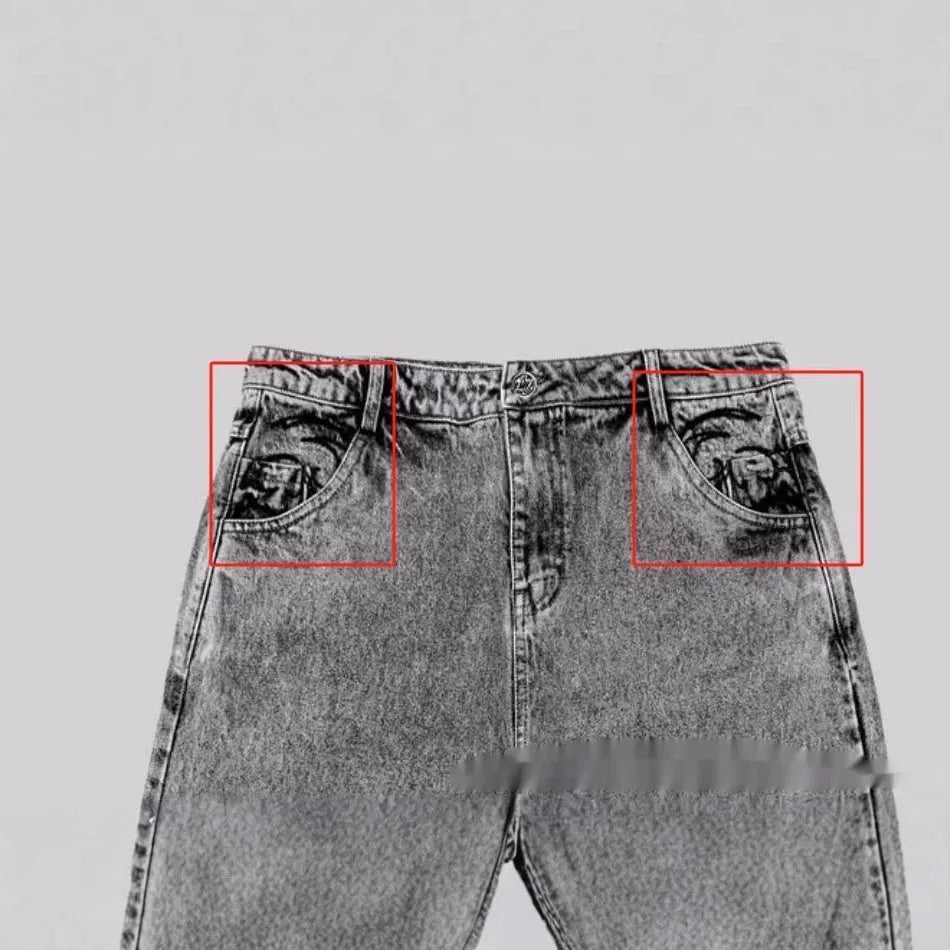 Gray loose straight-leg denim trousers for men and women with mid-waist fit