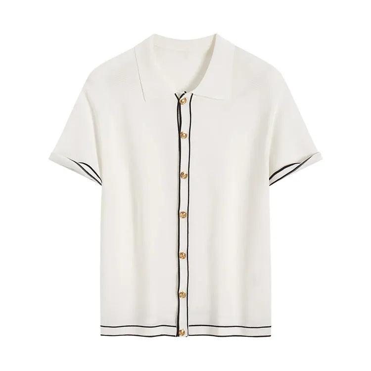 White short sleeve cardigan with contrast colour lapels in old money style