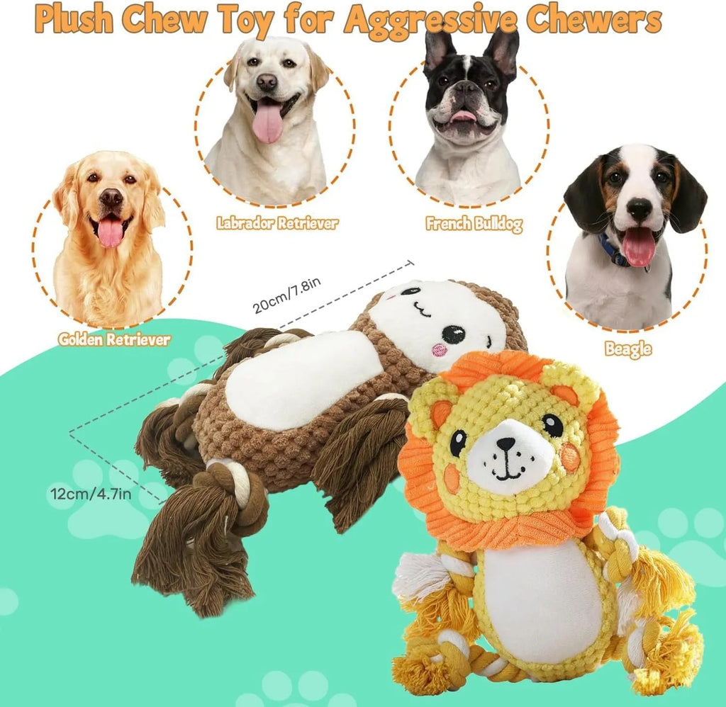 Lion and monkey plush squeaky dog toys for medium and large breeds