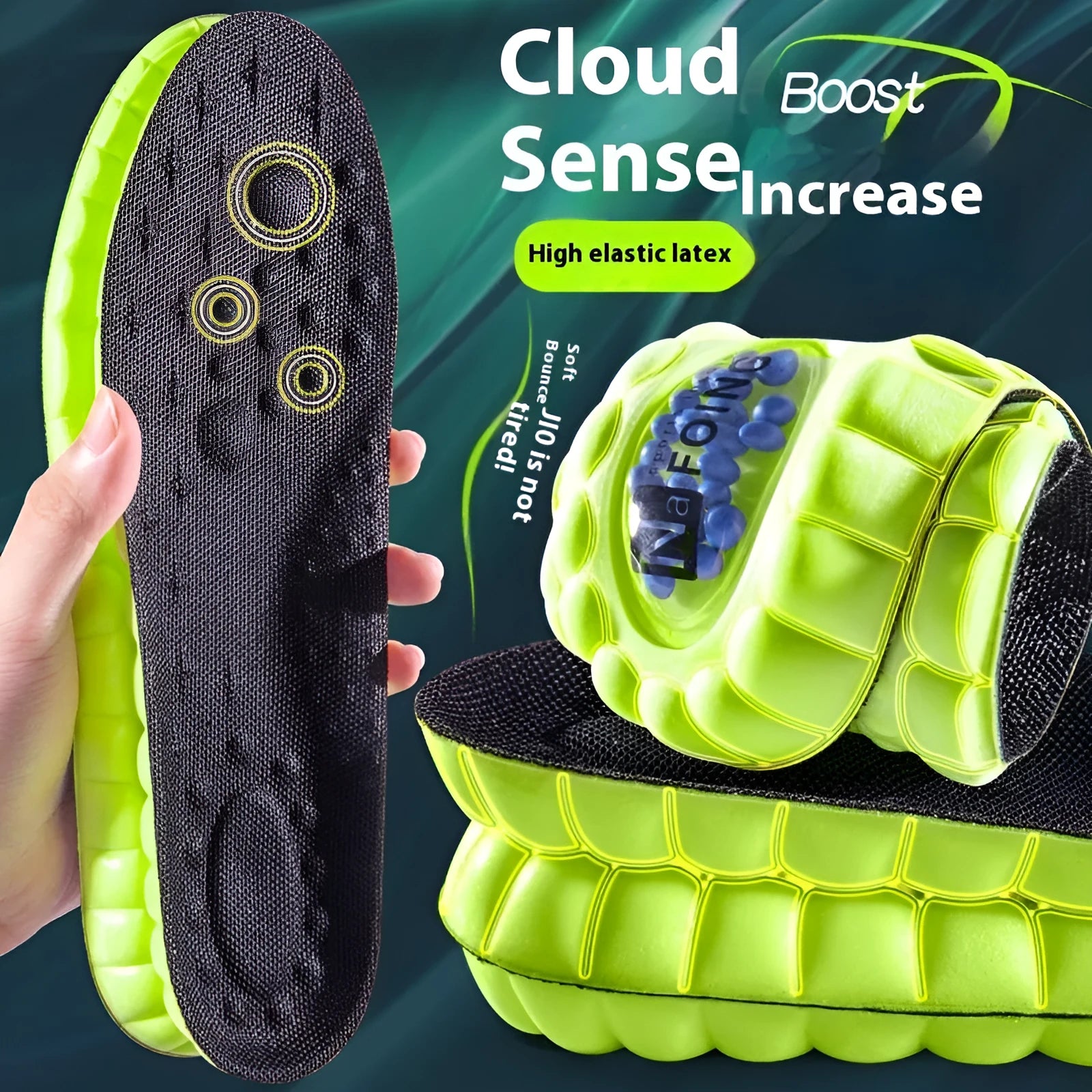 Green PU air cushion sports insoles with argy wormwood for sweat absorption, shown on a white background.