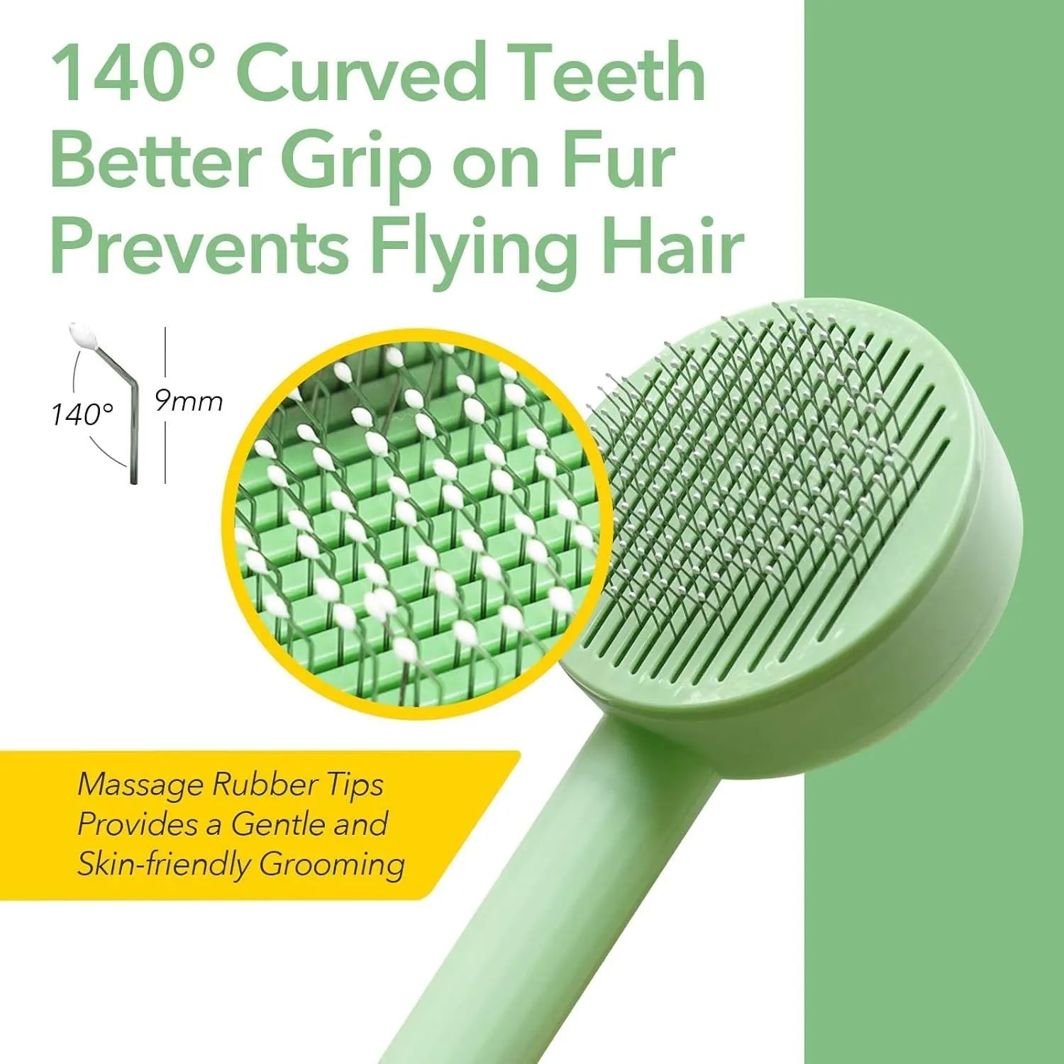 Green and yellow pet grooming brush with stainless steel deshedding teeth and hanging loop
