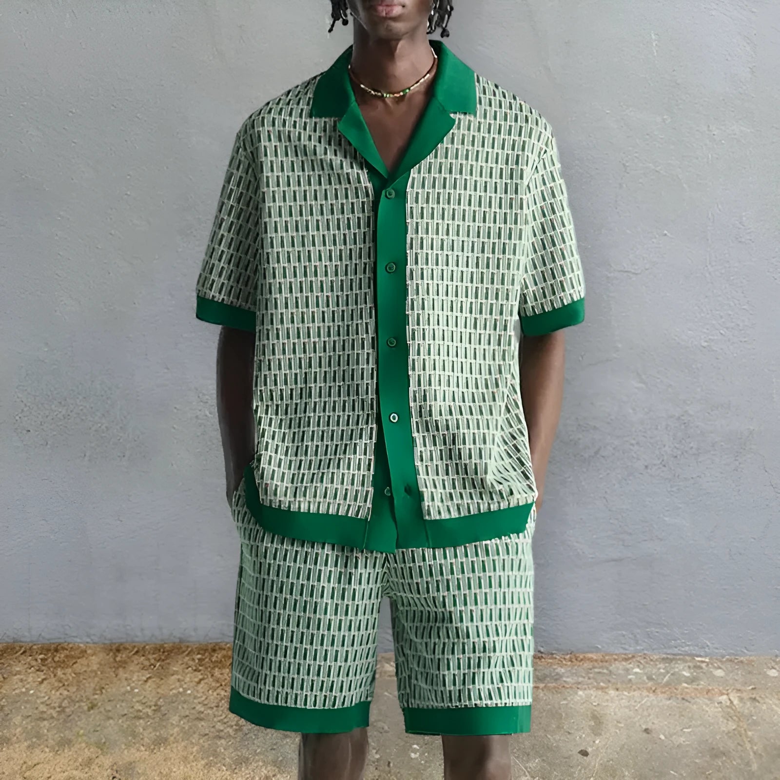 Men's plus size short-sleeved printed shirt and elastic shorts two-piece set in colour MHX01344.