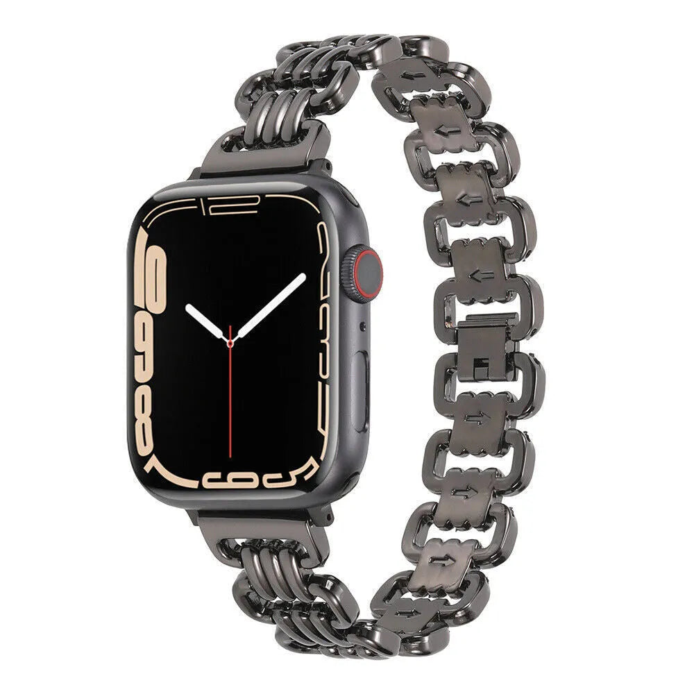 Alloy metal Apple Watch bracelet in silver, black, gold, rose gold, and Starlight colour options.