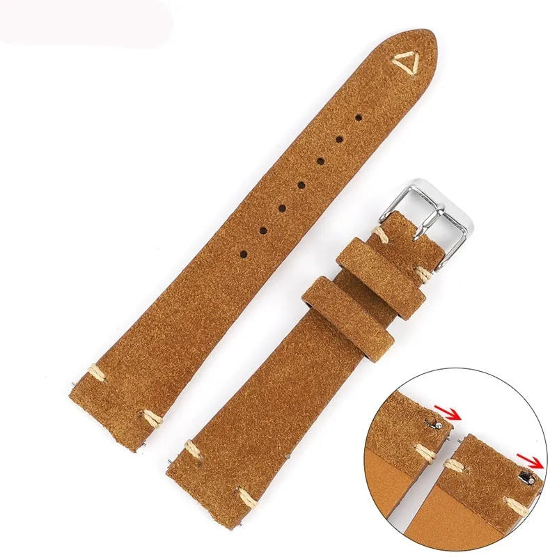Brown suede leather watch strap showing small waist design and textured surface