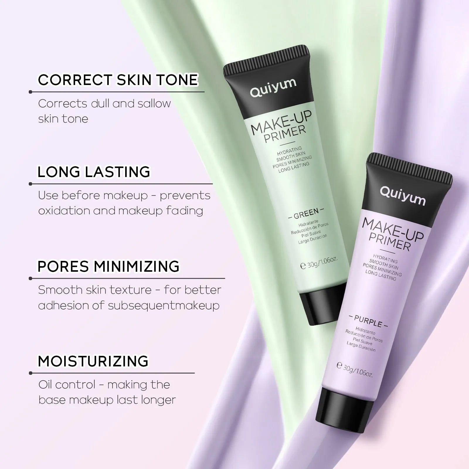 30g colour-correcting makeup primer set showing purple, pink, and green shades