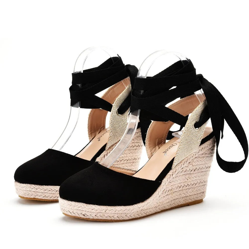 Women's apricot bohemian wedge sandals with beaded tassel detail on embossed strap.