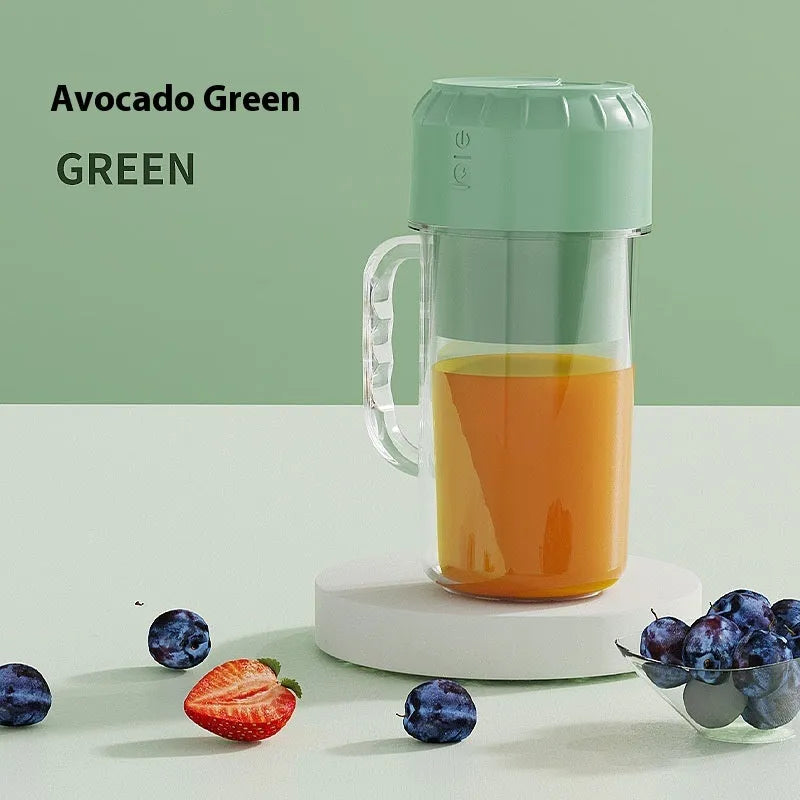 Portable USB juicer in cherry blossom pink or avocado green with plastic housing