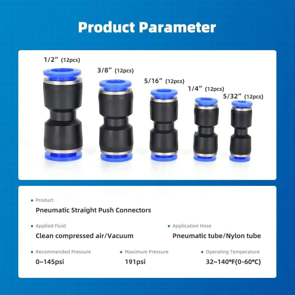 60-piece pneumatic quick push-in connector set with alloy plastic construction and R1/4 R1/2 threads