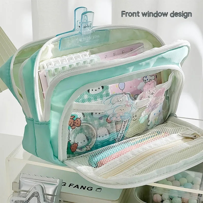 Double-layer pencil case in solid colour with gift handle showing dimensions 215mm x 135mm x 85mm