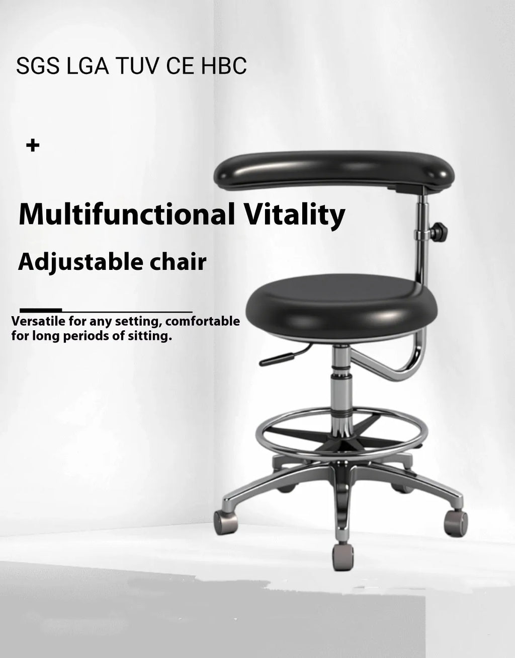 Black leather dental hospital chair with lift mechanism for height adjustment