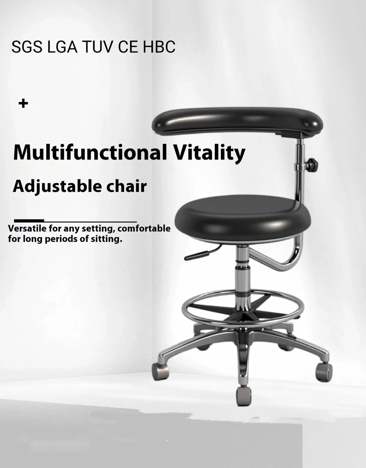 Black leather dental hospital chair with lift mechanism for height adjustment