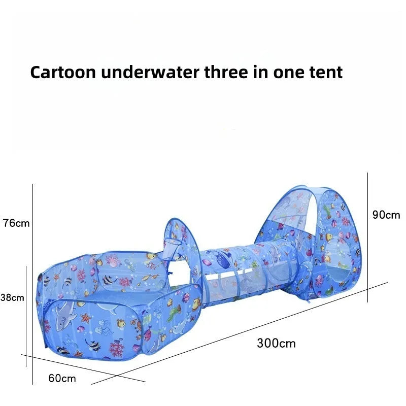 Children's three-in-one play tent set with tunnel and ball pool in cartoon submarine design