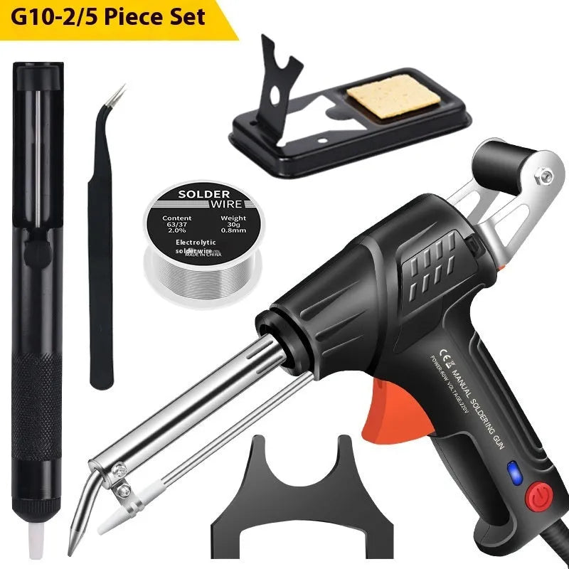 Black H5 style soldering gun with light, part of 5-piece alloy soldering tool kit