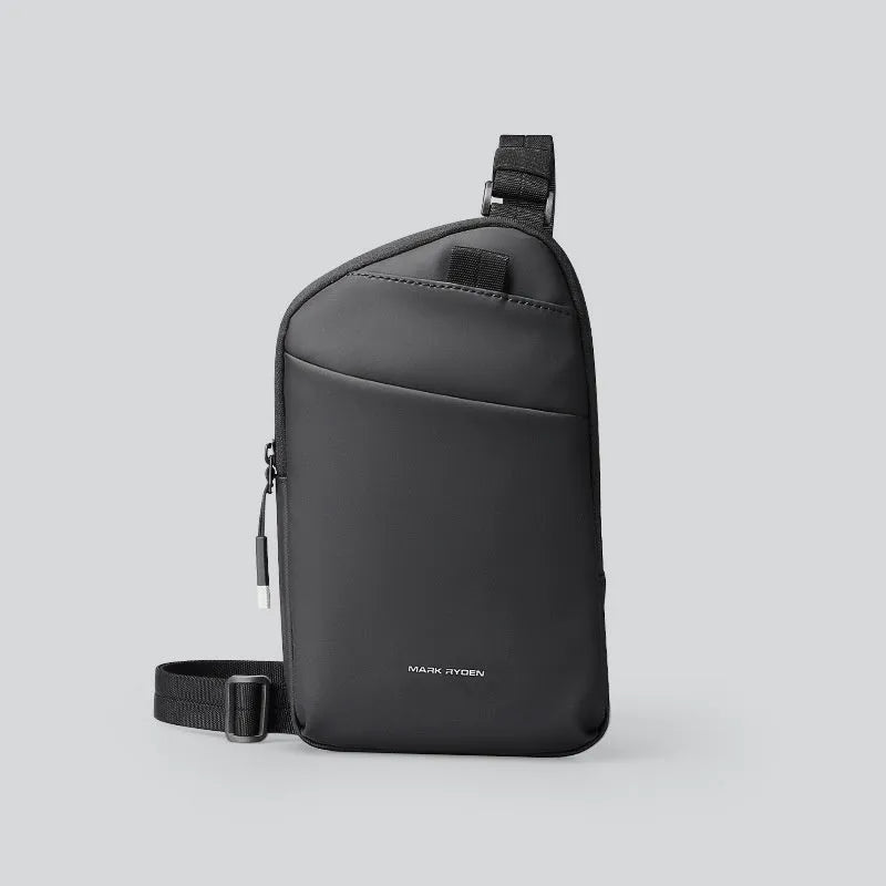 Men's elegant black Oxford cloth crossbody bag showing lightweight design and sewing thread reinforcement