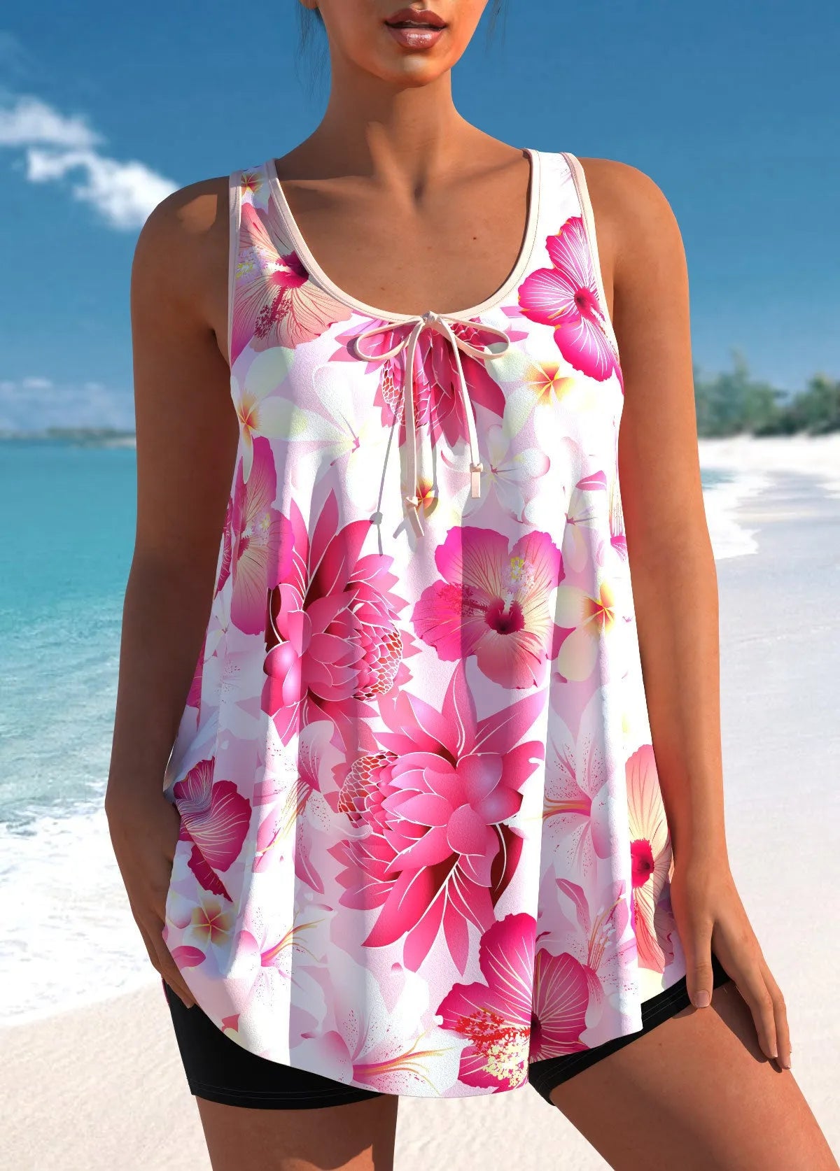 Pink printed tankini swimsuit with high-waist briefs for plus size women