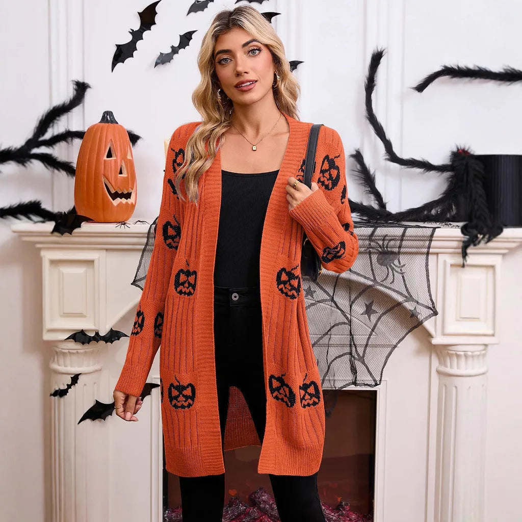 Women's black orange purple pumpkin head pattern jacquard knitted cardigan sweater