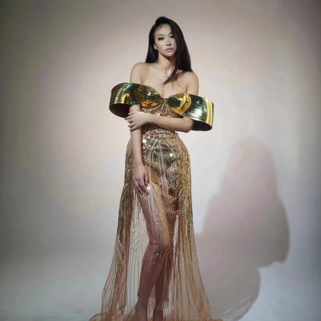 Gold strapless sequined evening dress with high split skirt and full sequin coverage