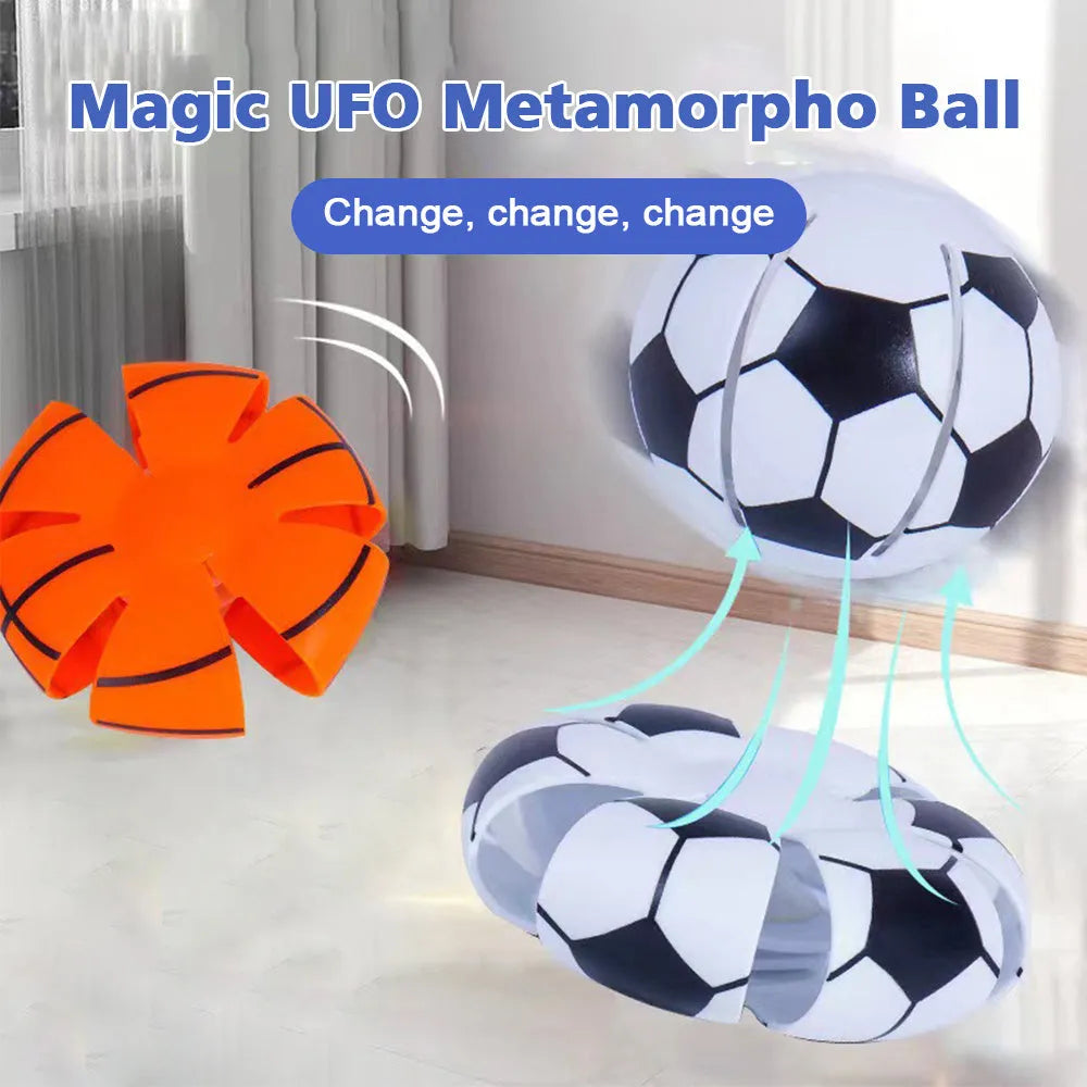 Interactive glowing bouncy ball transforming to flying disc dog toy with 9cm diameter plastic construction