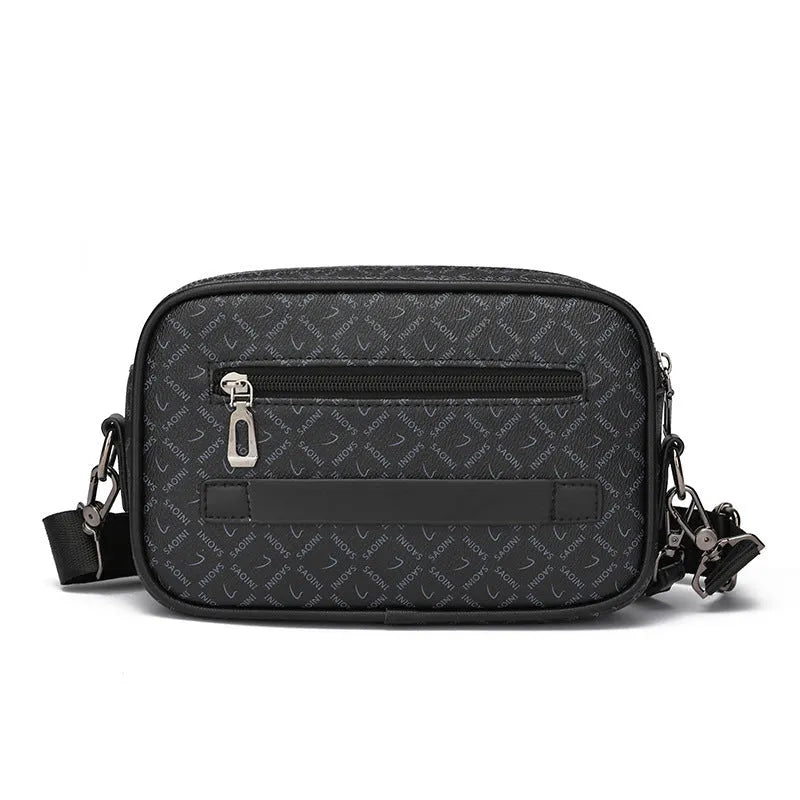 Men's black geometric pattern PU leather messenger bag with horizontal design and large capacity
