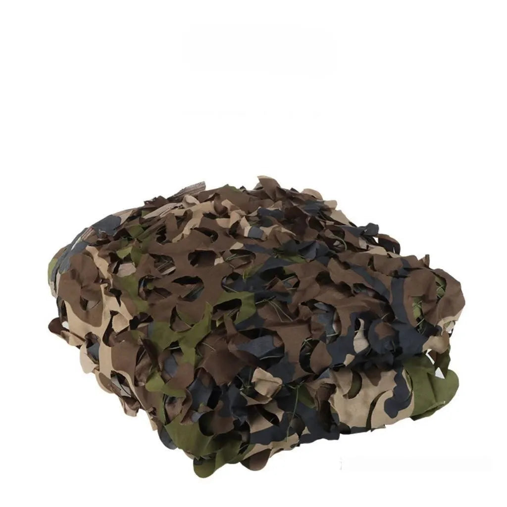 Green camouflage cover net deployed for outdoor concealment with multiple pattern options
