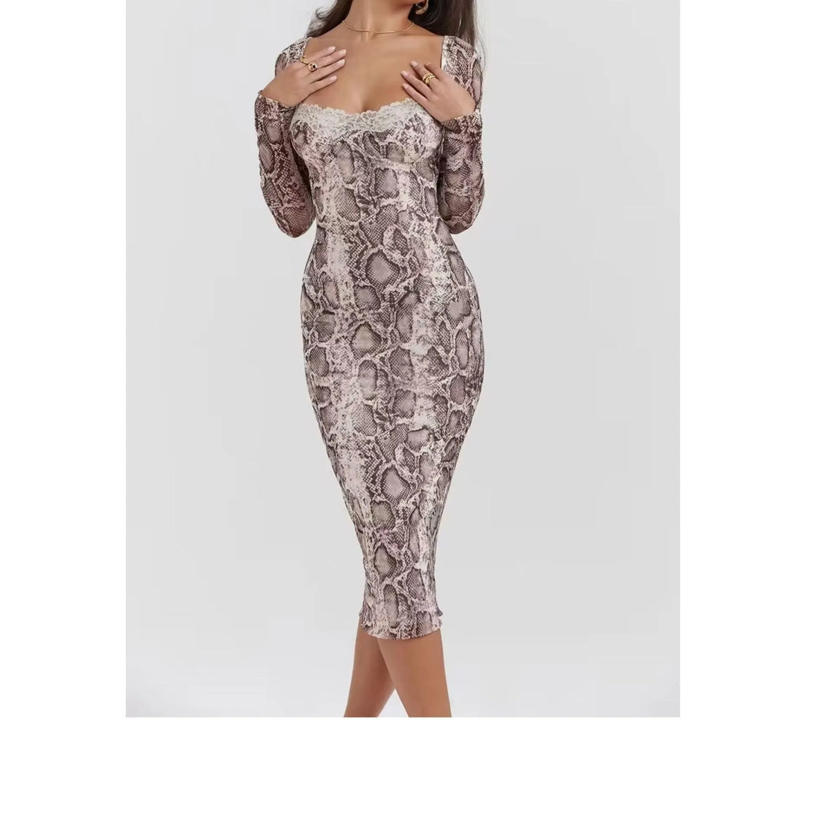 Grey digital printed lace dress with 3D pattern, A-line skirt and long sleeves