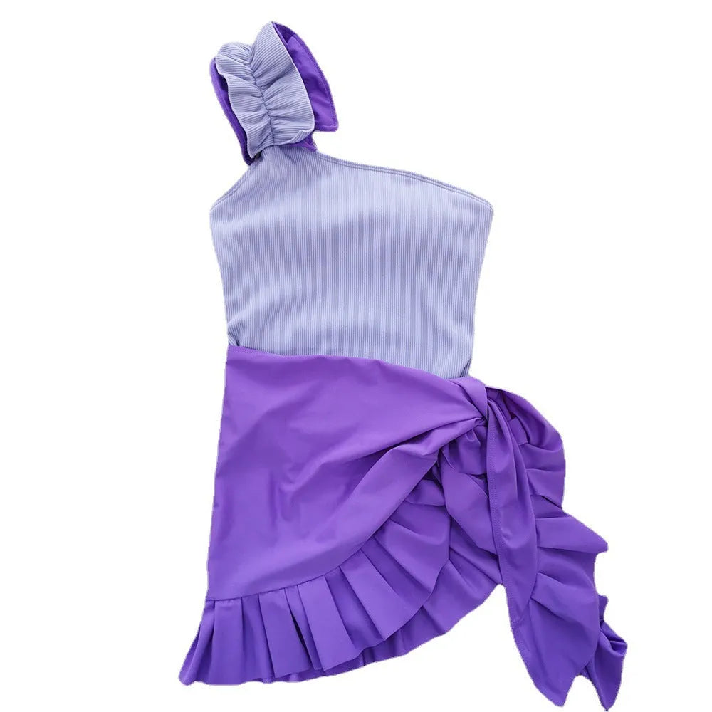 Women's single-shoulder high-waist one-piece swimsuit in a solid colour.