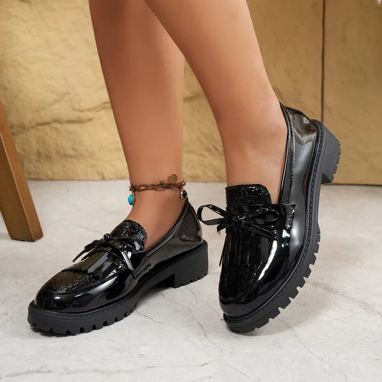 Women's brown and black bow loafers made of artificial PU leather in sizes 36 to 43