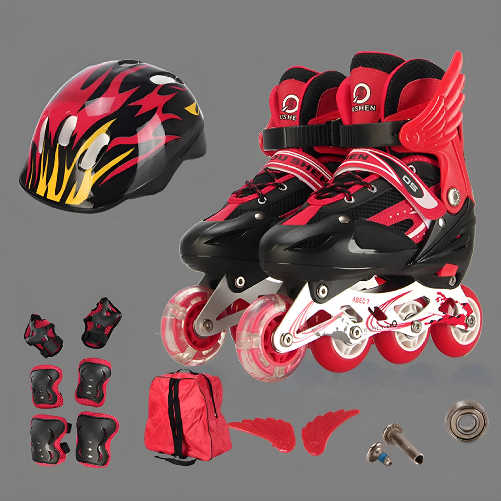 Adjustable PU children's inline skates with aluminium frame, foam wheels, and matching protective gear set in various colours.