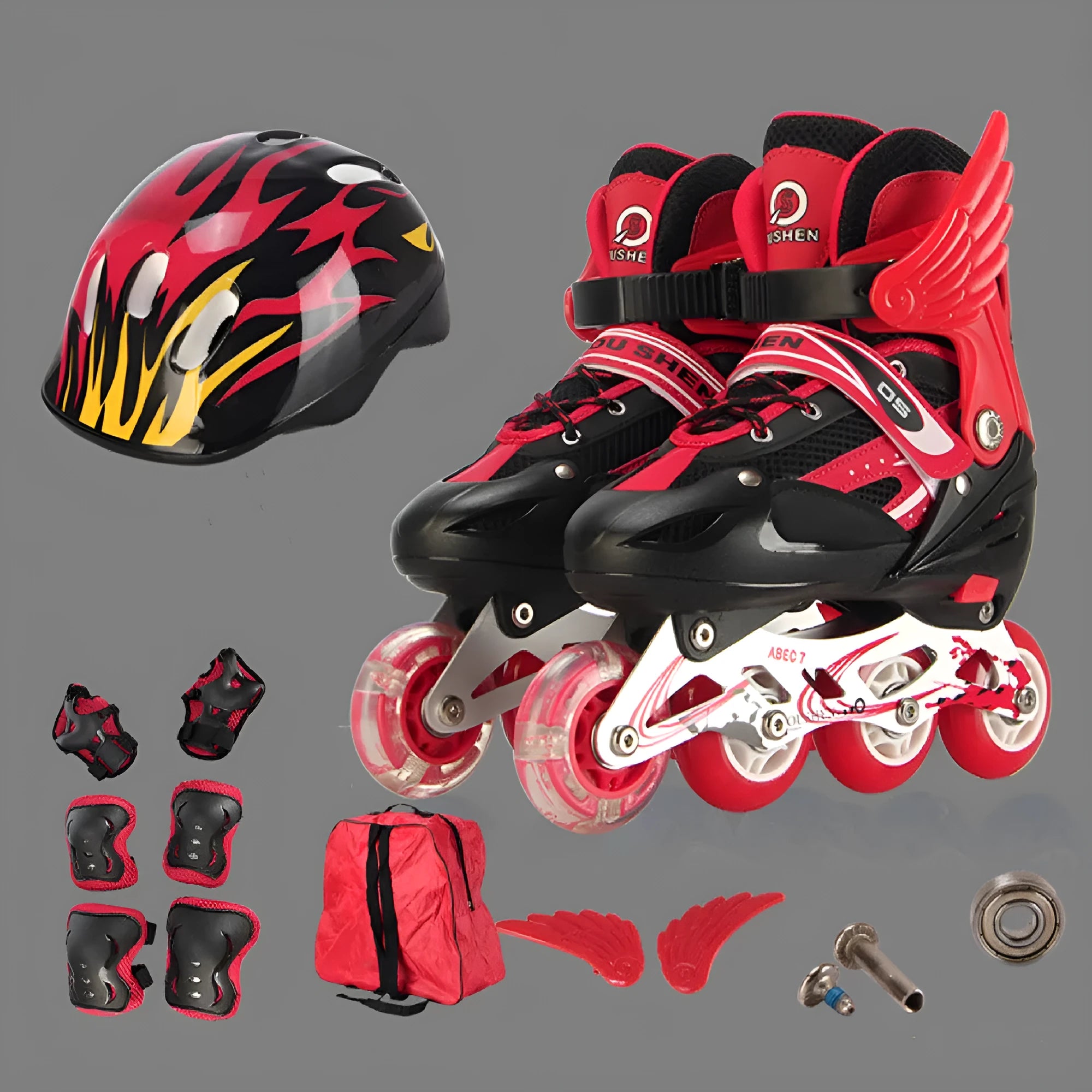 Adjustable PU children's inline skates with aluminium frame, foam wheels, and matching protective gear set in various colours.