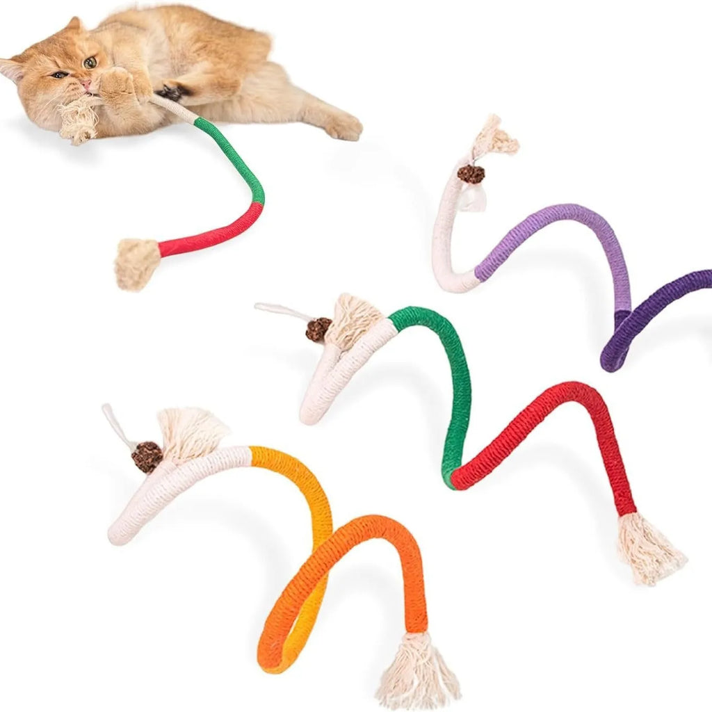 70cm long cotton string cat bite rope toy in three colours: absolute purple, all orange, and red with green