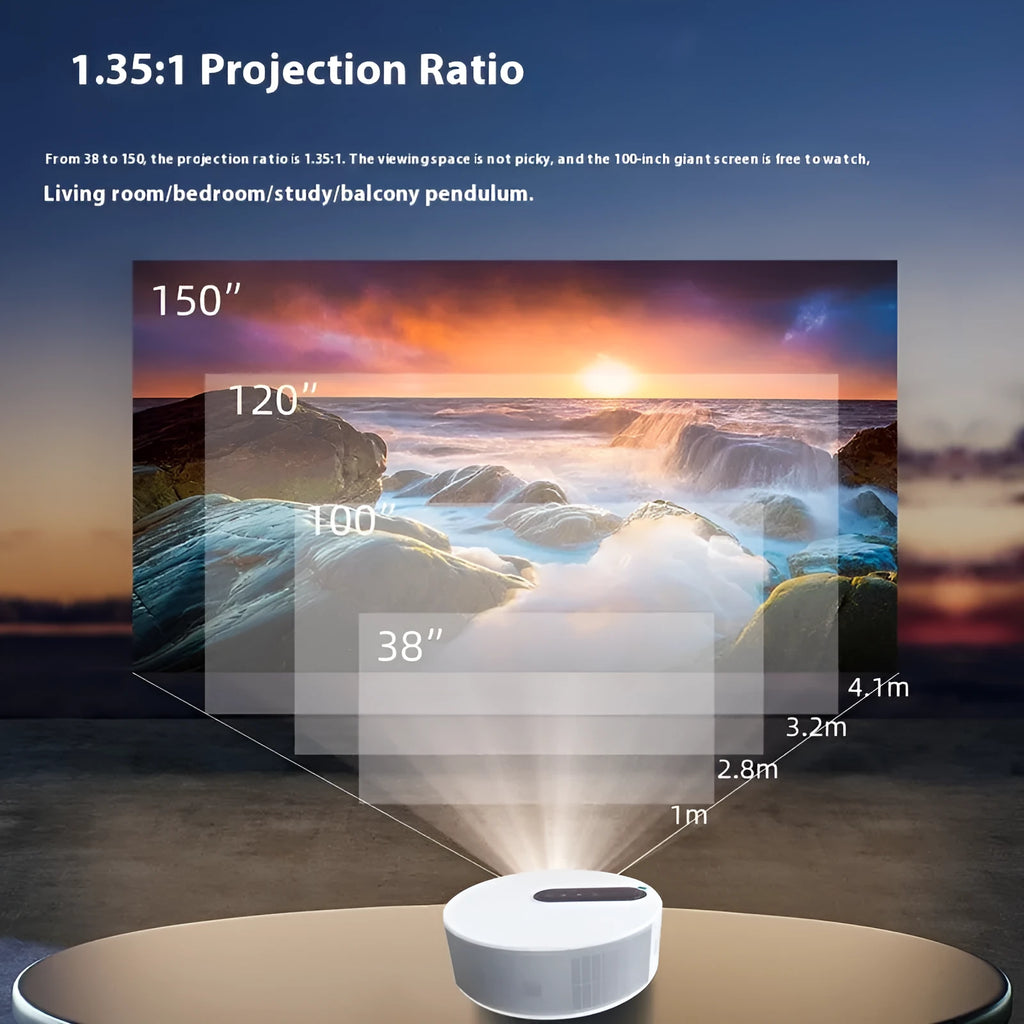 White HD home projector with remote control on a table