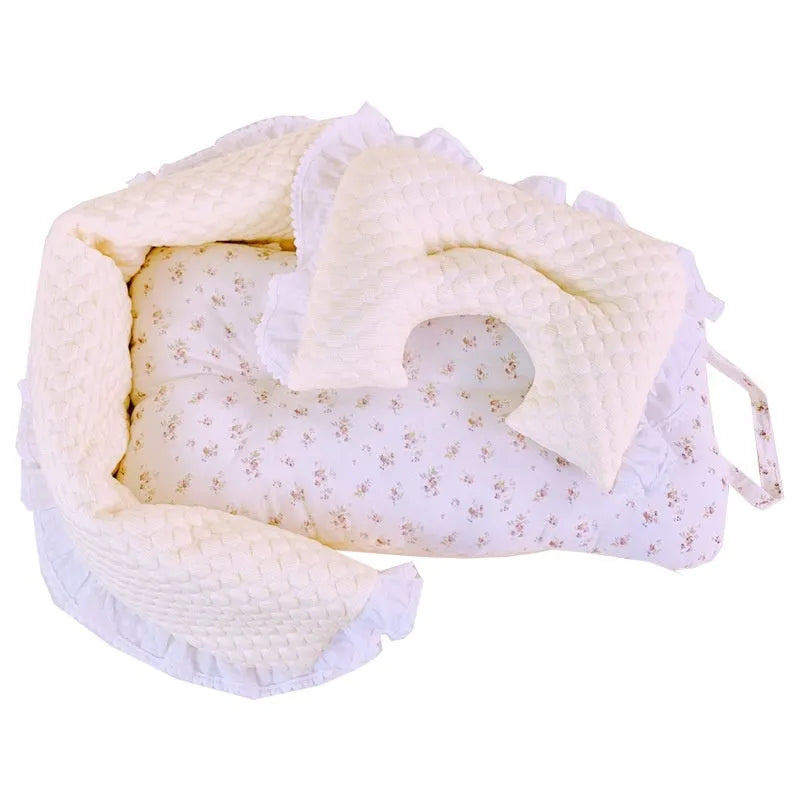 Pure cotton pet stroller cushion set with pillow and anti-dirty towel in a floral pattern.
