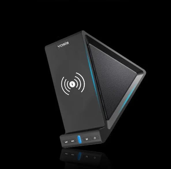 Black multifunctional Bluetooth speaker with built-in mobile phone stand and power bank charging port.