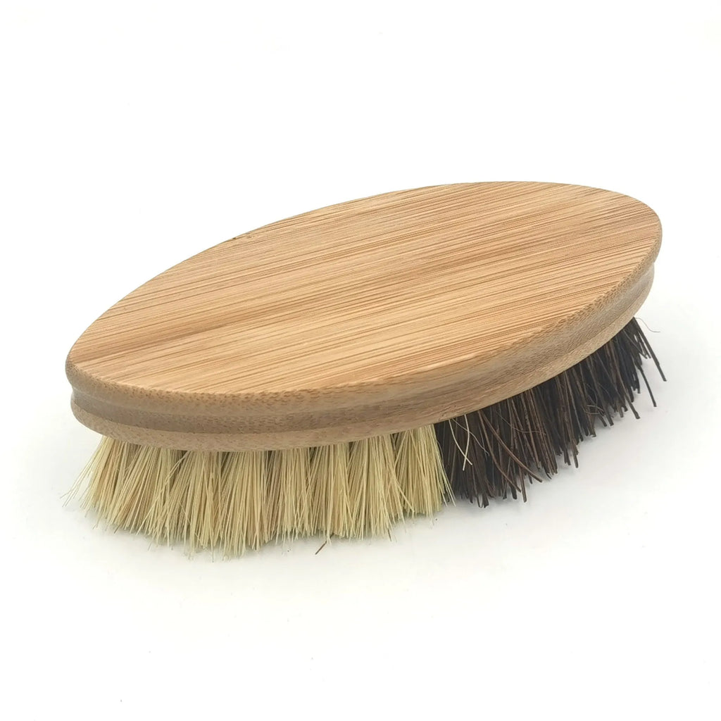 Bamboo vegetable brush with two-tone painted finish and oval shape for fruit and vegetable cleaning