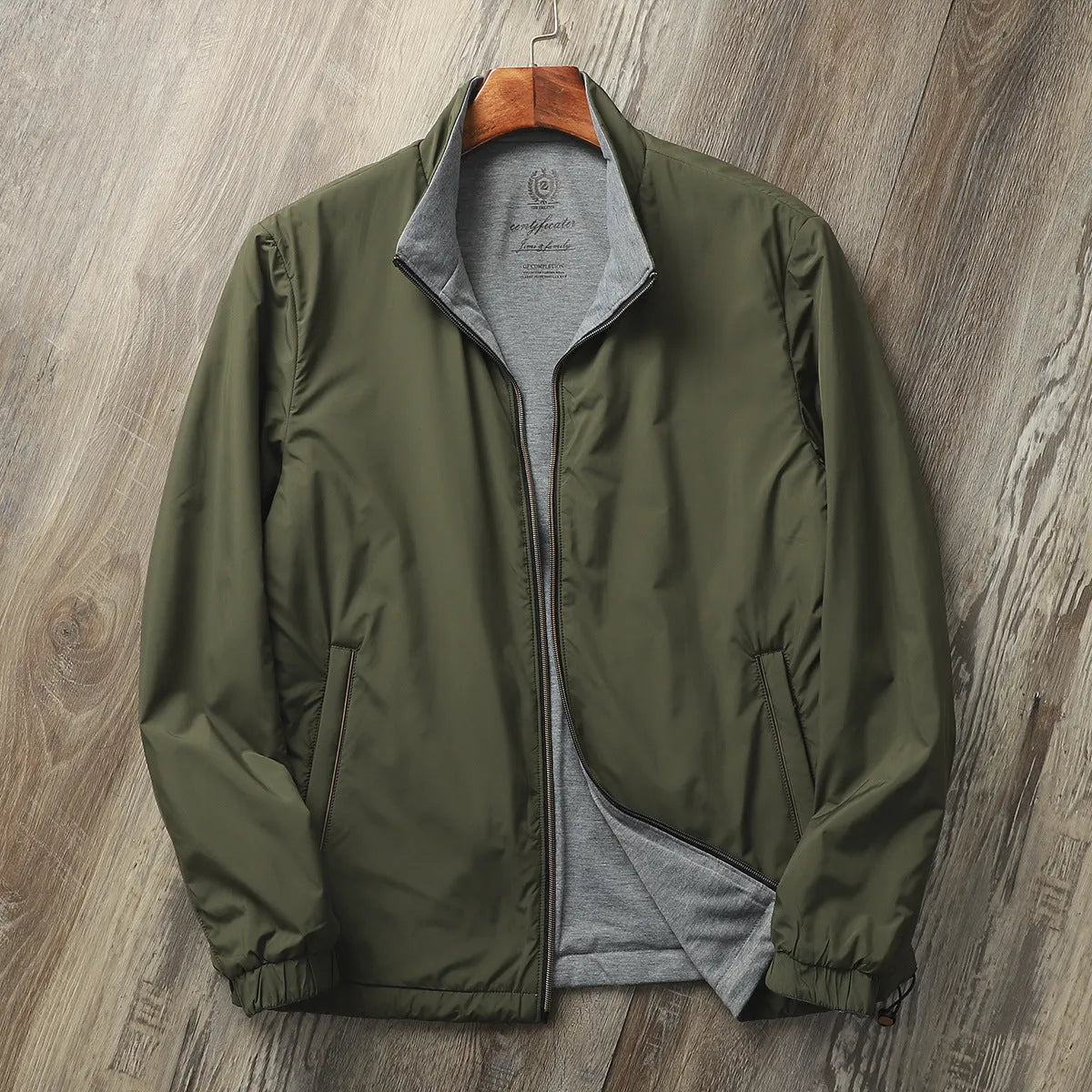 Men's stand collar casual jacket in Army Green colour, shown on a model.