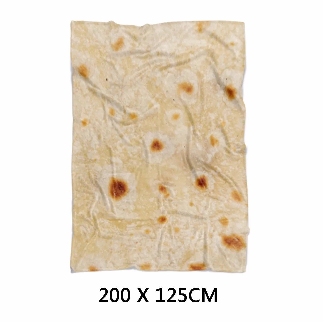 Round coral-coloured flannel burrito blanket with a delicious food print, folded to show soft texture.