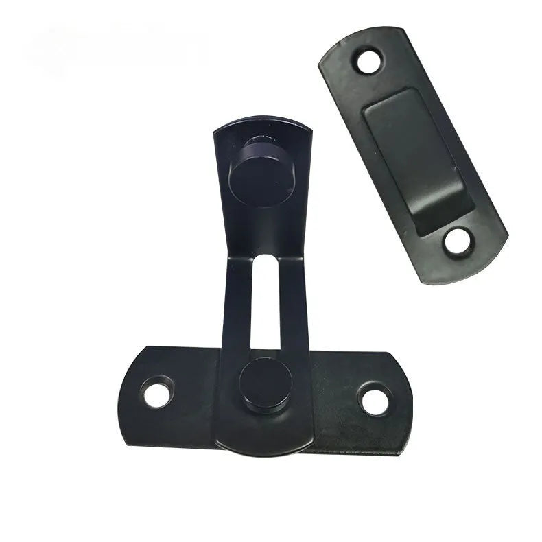 Black carbon steel warehouse hook lock with a 90-degree flat shackle for sliding barn doors.