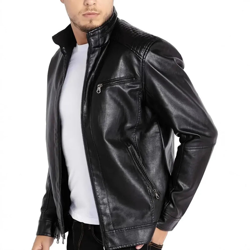 Man wearing a brown punk-style stand collar artificial leather motorcycle jacket with patch pockets.